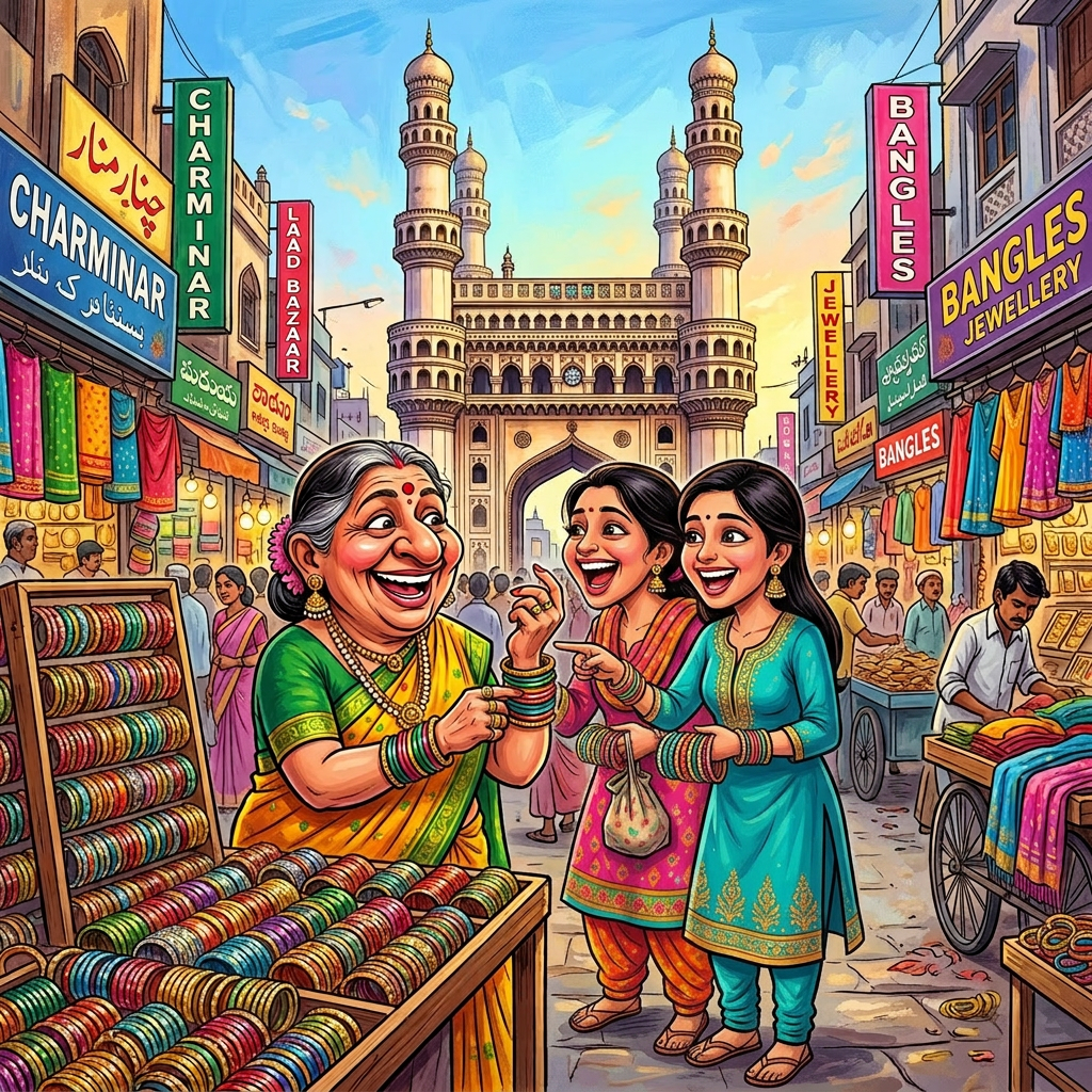 Two women smiling and trying bangles near Charminar with busy market stalls
